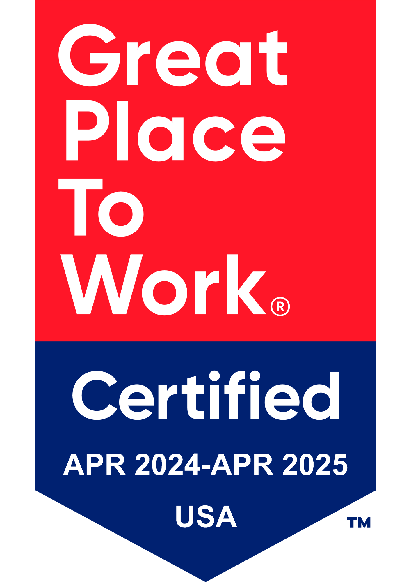 Great Place to Work certification badge for April 2024- April 2025.