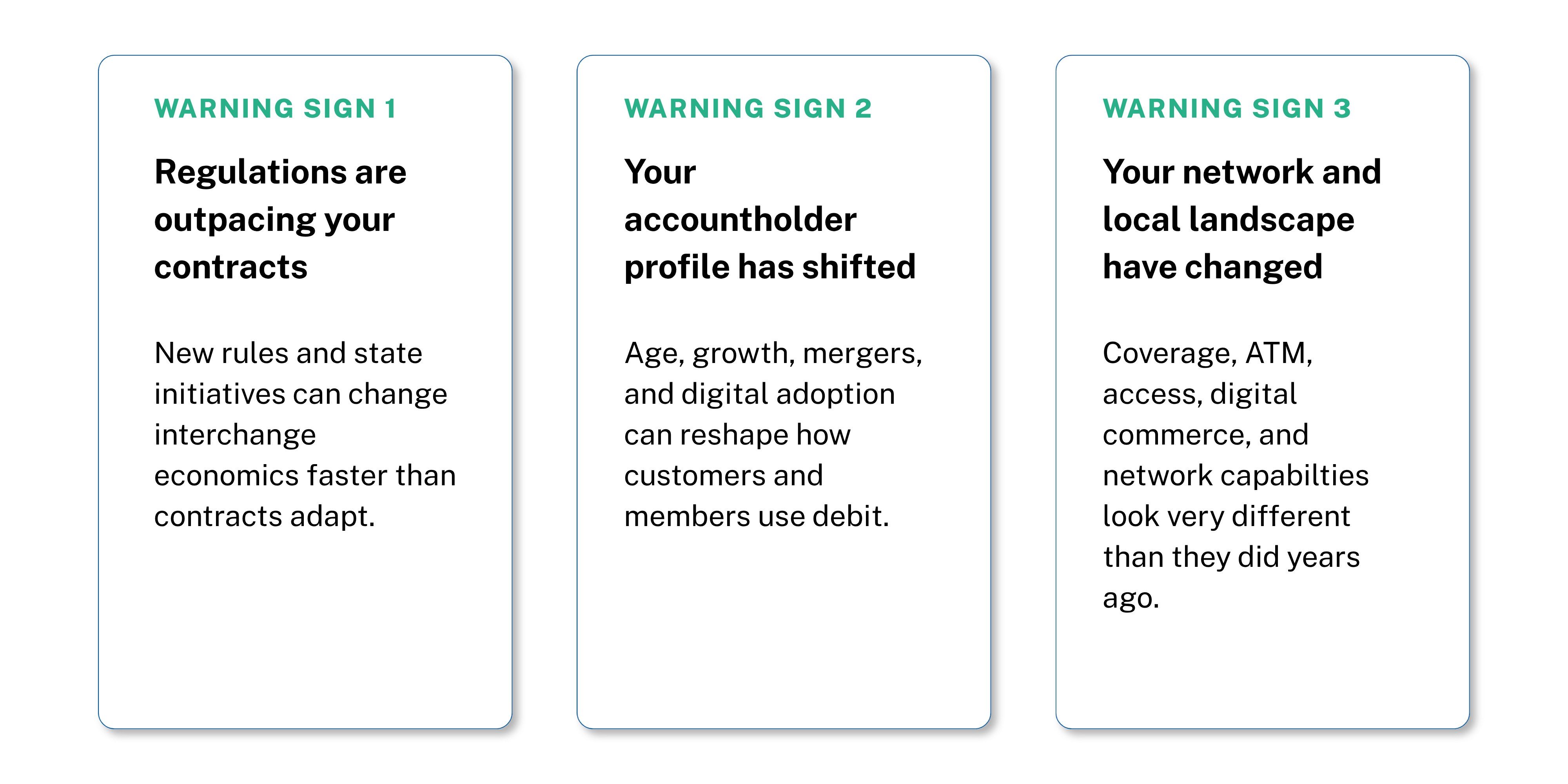 Three warning signs that a bank or credit union should reevaluate its debit network strategy, including regulatory changes, shifting accountholder behavior, and changes in the debit payments landscape.